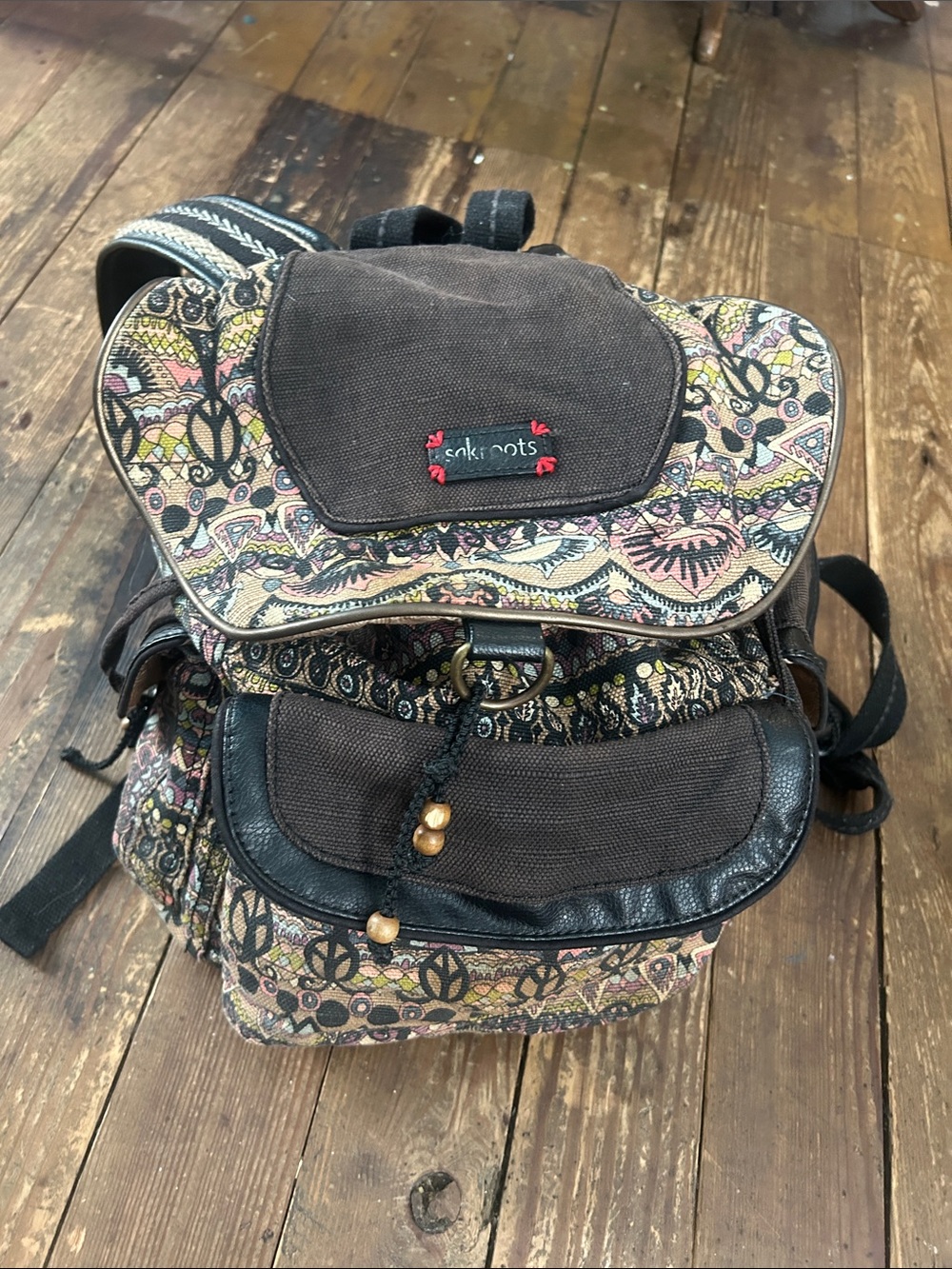 Sakroots Brown Hippy Peace Sign Patterned Canvas Festival Backpack CLEAN